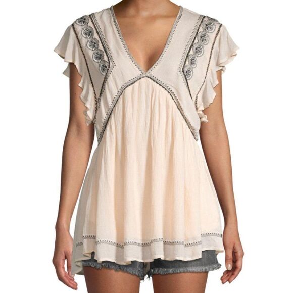 Free People Ivory Embroidered Falling Water Flutter-Sleeve Tunic in Size Small - Picture 1 of 10